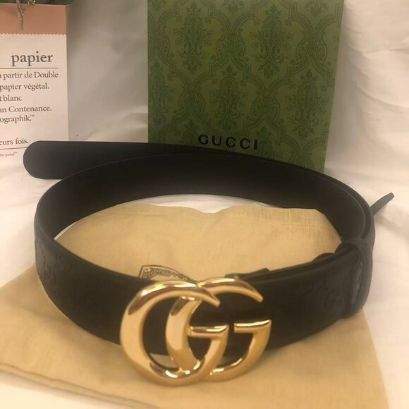 Gucci Black Leather Belt with Gold Buckle - Picture 1 of 5